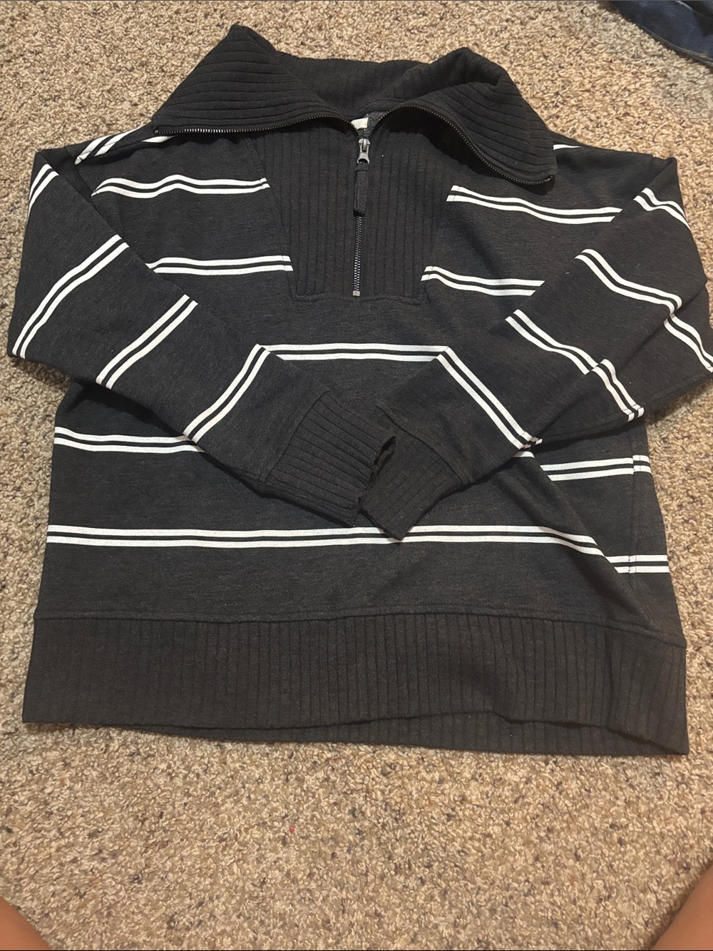 Women Charcoal Gray Quarter-Zip Striped Sweater
